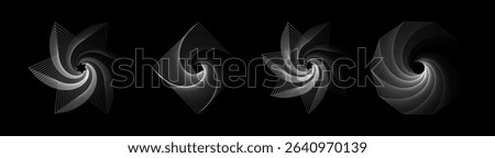Vector set of twisted black geometry figures. Spirals fractal element. Sacred geometry with lines and rounded corners in the form star, square, decagon.