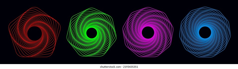 Vector Set Of Twisted Colored Geometry Figures. Spirals Fractal Element. Sacred Geometry With Lines And Rounded Corners In The Form Pentagon, Heptagon, Octagon.