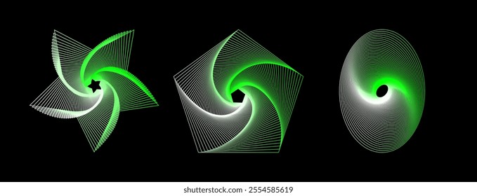 Vector set of twisted colors geometry figures. Spirals fractal element. Sacred geometry with lines and rounded corners in the form star, pentagon, oval.