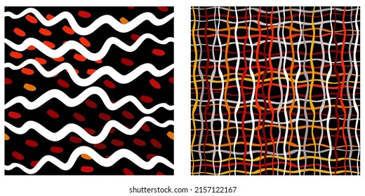 Vector set of two abstract patterns in white, yellow, grey and red colors. Sinuous lines and drops on black background. Isolated on white.