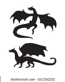 Vector set of two black dragons silhouette isolated on white background