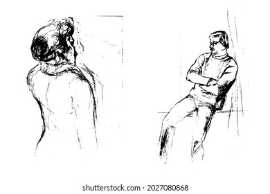 Vector set of two black and white sketches. A girl in clothes stands near the mirror with her back to the viewer, a guy in clothes sits on the windowsill.