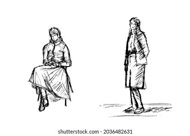 Vector set two black   white sketches  Girls in clothes: sitting chair  standing at the floor
turnover 