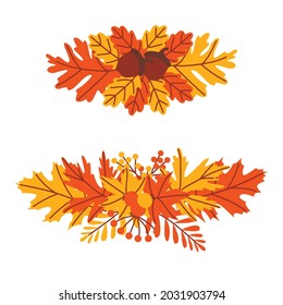Vector set of two borders assembled from autumn leaves and acorns, etc. Bright illustrations for printing on fabric, paper, textiles and much more. Illustrations of oak, maple leaves, small apples.