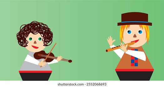 Vector set, of two boys, dressed in a national costume, play on musical instruments, flute and violin.
