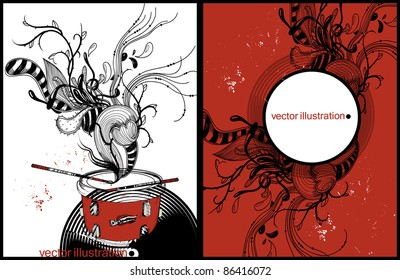 vector set of two cards with a drum and fantasy plants