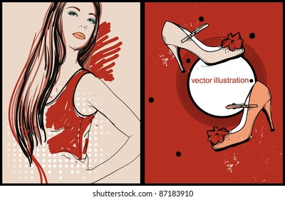 vector set of two cards with a girl and fashion shoes