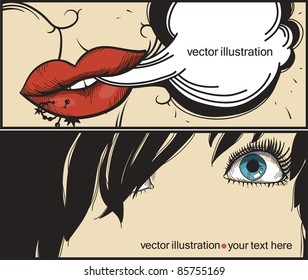 vector set of two cards with parts of a face in vintage style