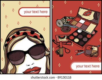 vector set of two cards with a smiling girl and colorful make up