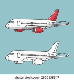 Vector set of two cartoon jet airliners on blue background. Top plane features white and red livery; bottom version is a black and white line art outline. Graphic passenger aircraft.