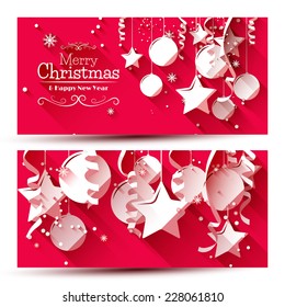 Conjunto vectorial de dos carteles de Navidad con decoraciones de papel de fondo rojo 