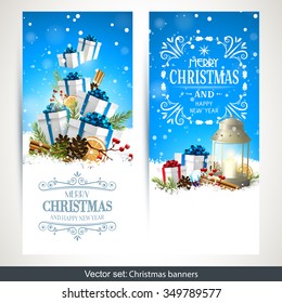 Vector set of two Christmas banners with gift boxes, traditional decorations and lantern in the snow