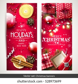 Vector set of two Christmas banners with red gift boxes, branches and baubles on red background