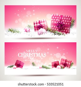 Vector set of two Christmas banners with pink gift boxes and baubles in the snow