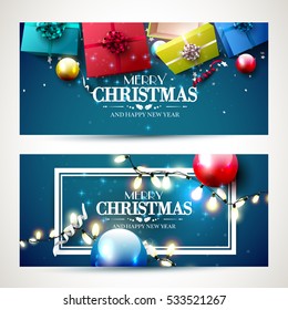 Vector set of two Christmas banners with colorful  gift boxes and baubles on blue background
