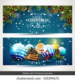 Vector set of two Christmas banners with baubles and traditional decorations on blue background
