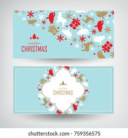 Vector set of two Christmas banners with greeting words and decorative gifts, traditional symbols vector illustration