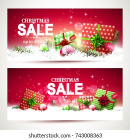 Vector set of two Christmas headers or banners with red and green gift boxes and baubles on red background