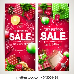 Vector set of two Christmas headers or banners with red and green gift boxes and Christmas decorations on red background