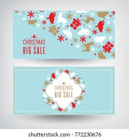 Vector set of two Christmas sale banners with information about discounts on the blue background decorated by the traditional objects and symbols vector illustration