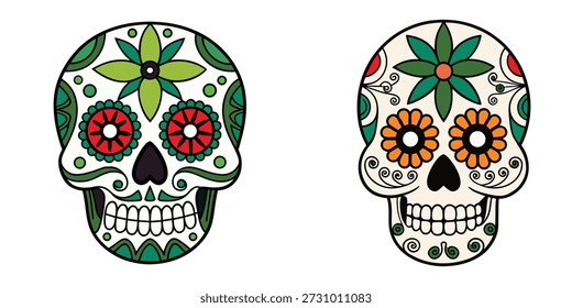 Conjunto de Vector de dos coloridas calaveras de azúcar mexicanas (Calavera). Ilustraciones florales tradicionales del cráneo para la celebración del día de los muertos aislados en el fondo blanco.