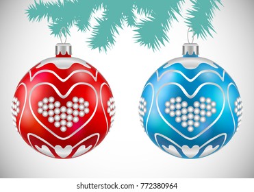 Vector set of two decorative Christmas balls on white
