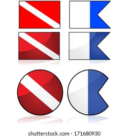 Vector set of two different flags normally used to alert about diver being down in the water nearby