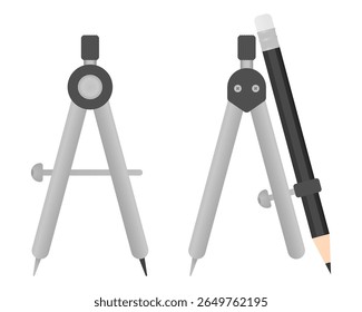 Vector set of two drawing compasses: standard and pencil holder version. Flat design with light depth.