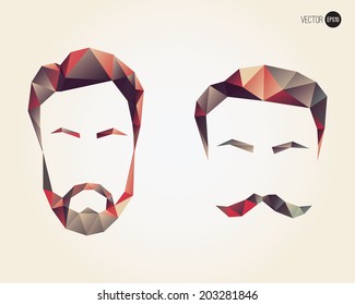 A vector set of two face icons with beard and mustache in a polygonal art style