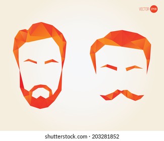 A vector set of two face icons with beard and mustache in a polygonal art style