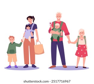 Vector set with two families with a father and mother with children in a sling and teenage children, on a white background. Perfect for a happy family themed design