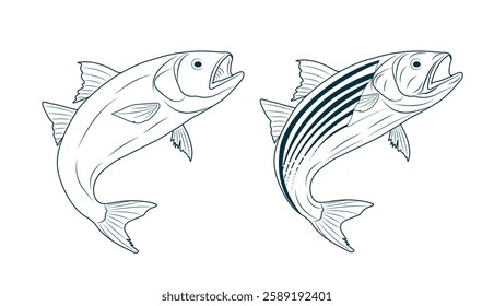 Vector set of two fish jumping silhouette illustrations