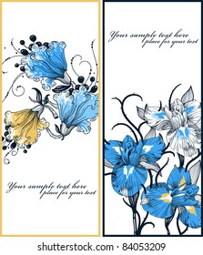 vector set of two floral cards with blooming irises and fantasy flowers