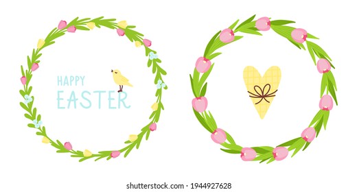 Vector set of two flower wreath. Easter wreath with tulip flowers and leaves, with yellow heart and bird, Happy Easter text. Flat illustration.