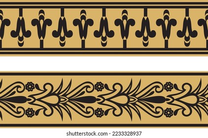 
Vector set of two gold seamless Egyptian border. Endless Ornaments of Ancient Egypt. Geometric African frame.