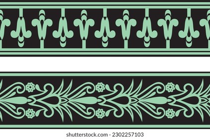 
Vector set of two green seamless Egyptian border. Endless Ornaments of Ancient Egypt. Geometric African frame.