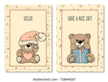 vector set with two greeting cards with hand drawn pretty toy bears. design for covers, cards, presents