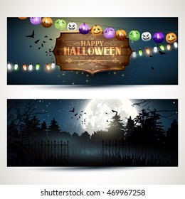 Vector set of two Halloween horizontal banners with paper lanterns with wooden sign and night forrest