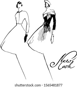 Vector set with two hand drawn girls wearing dresses new look fashion silhouette. Black and white, hand written lettering. Vintage style. Card, poster, label for designers clothes