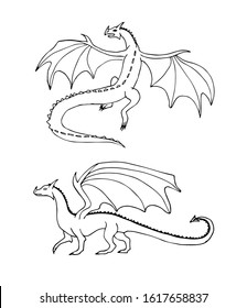 Vector set of two hand drawn doodle sketch dragons isolated on white background