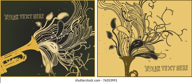 vector set of two hand drawn cards with trumpets and plants