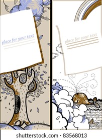 vector set of two hand drawn cards with cartoon animals and clouds