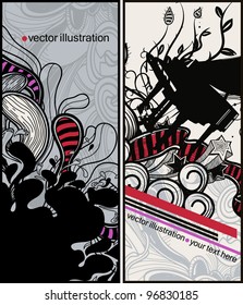 vector set of two hand drawn cards with a piano and abstract decorations