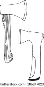 Vector set of two hatchets. An axe with a wooden handle. Graphics in the style of Doodle drawn by hand.