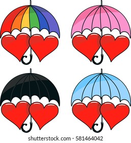 vector set of two hearts under colorful umbrella