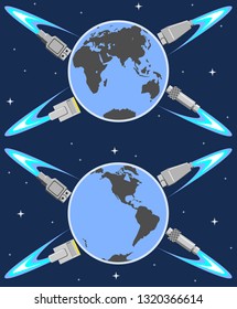 Vector. Set of two hemispheres. Around the Earth, the connectors rotate as electrons around the atom. Layers good separated.