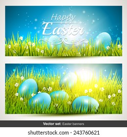 Vector set of two horizontal Easter banners with eggs in the grass