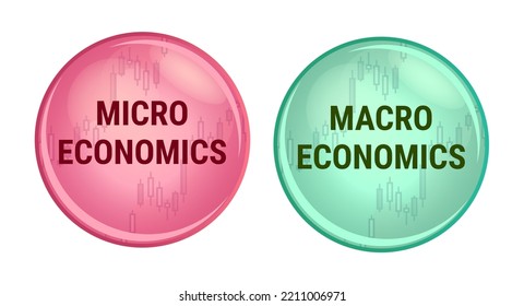 Vector Set Of Two Icons Or Symbols Of Micro Economics Or Microeconomics And Macro Economics Or Macroeconomics Isolated. Branch Of Economics – Decision-making Of Market Entities And Economy As A Whole.