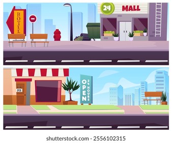 Vector set of two illustrations depicting city streets with road, shops, benches and advertising signs. Deserted cityscape with buildings without people. Flat cartoon style.