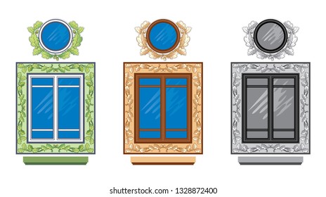 Vector set of two images of decorative beautiful Windows with a bas-relief of oak leaves on a white background